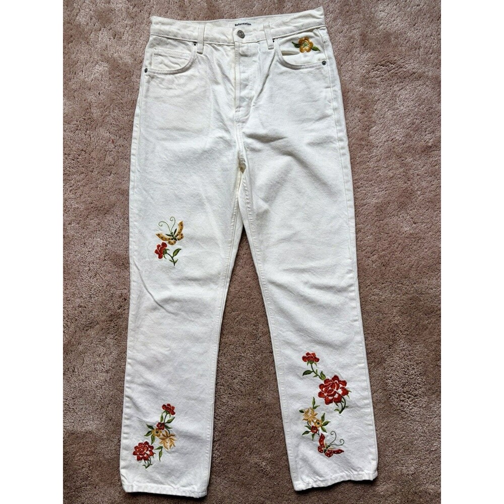 Reformation Cynthia High Rise Straight Jeans Womens 28 White Floral Embroidered